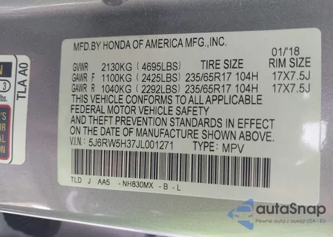 2018 Honda Cr-V Lx from USA, damaged, VIN 5J6RW5H37JL001271
